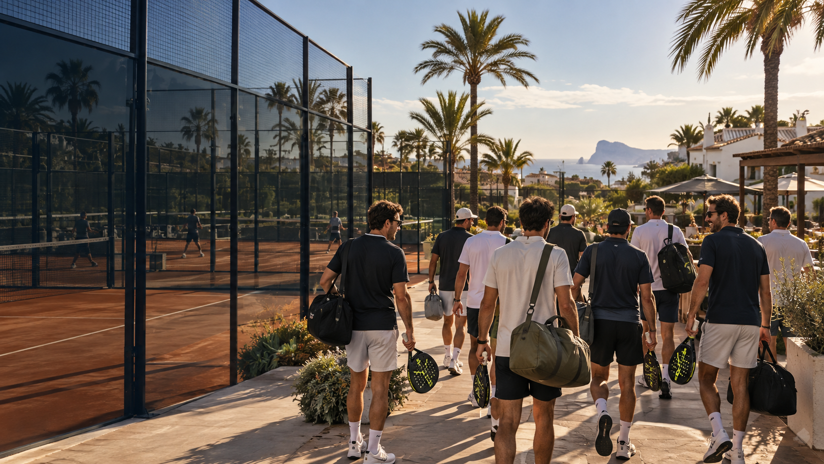 Vriendengroep op weg naar de padelbaan in Spanje